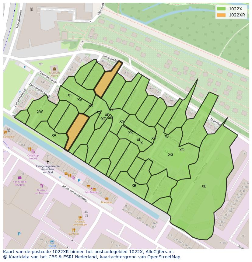 Afbeelding van het postcodegebied 1022 XR op de kaart.