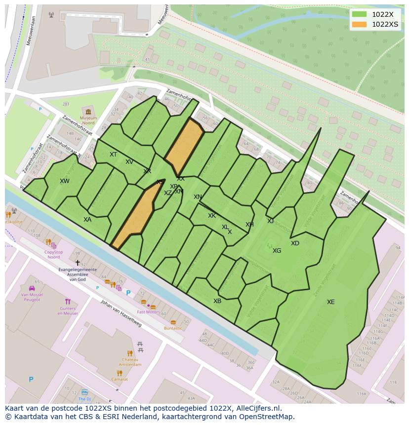 Afbeelding van het postcodegebied 1022 XS op de kaart.