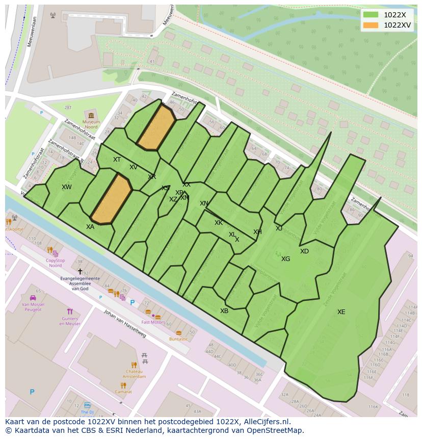 Afbeelding van het postcodegebied 1022 XV op de kaart.
