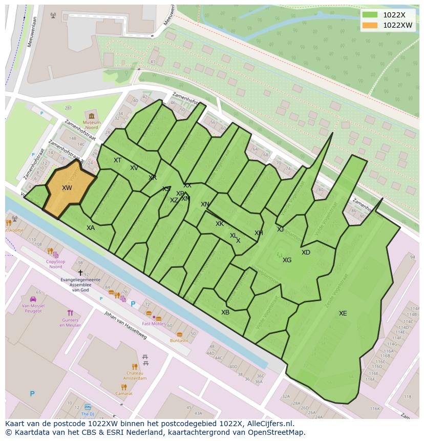Afbeelding van het postcodegebied 1022 XW op de kaart.
