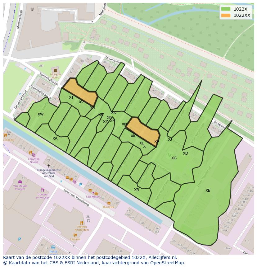 Afbeelding van het postcodegebied 1022 XX op de kaart.