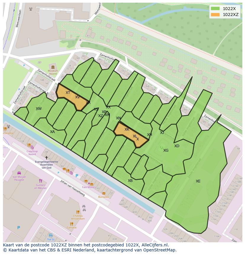 Afbeelding van het postcodegebied 1022 XZ op de kaart.