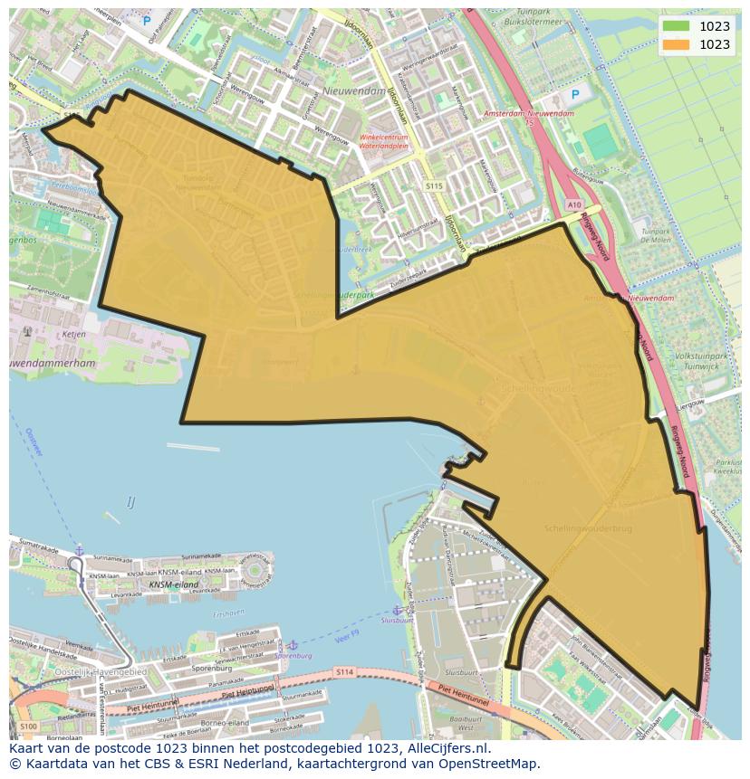 Afbeelding van het postcodegebied 1023 op de kaart.