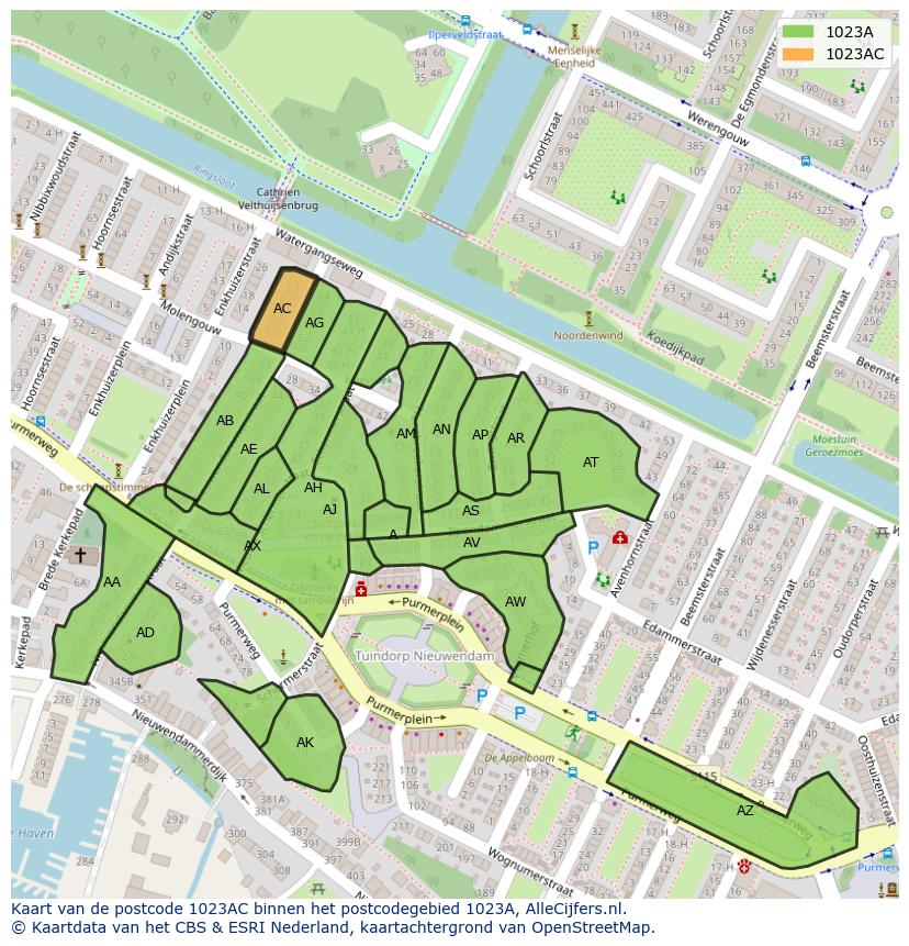 Afbeelding van het postcodegebied 1023 AC op de kaart.
