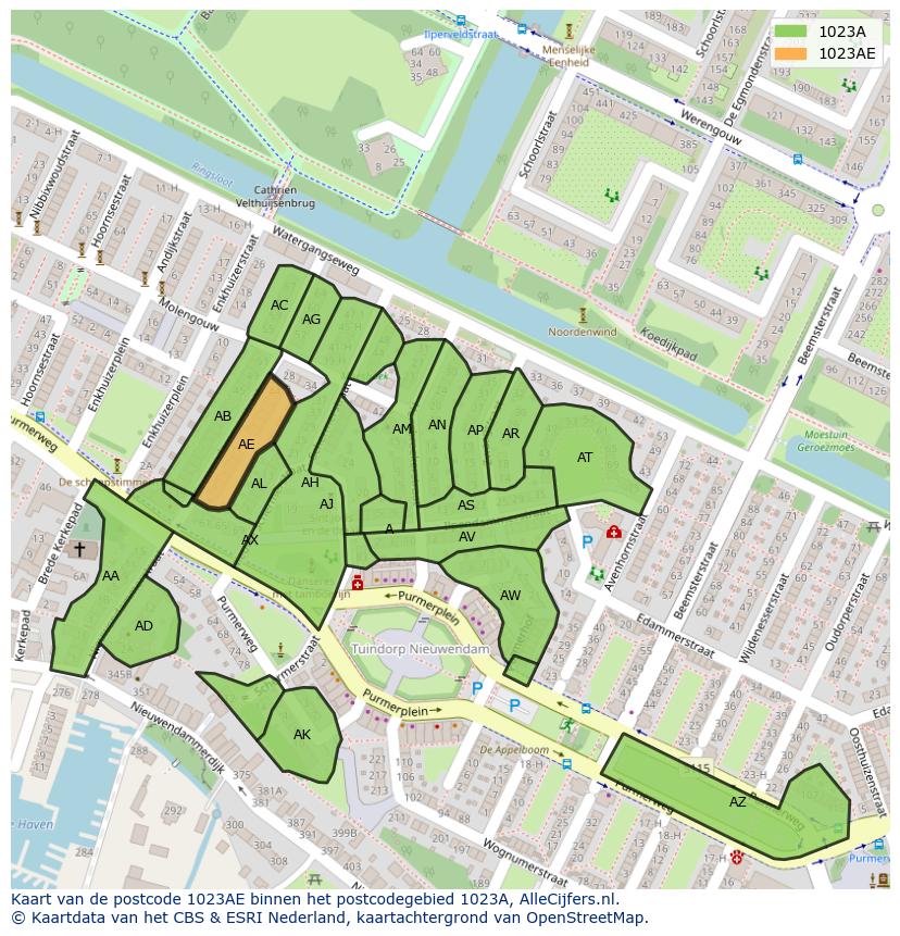 Afbeelding van het postcodegebied 1023 AE op de kaart.