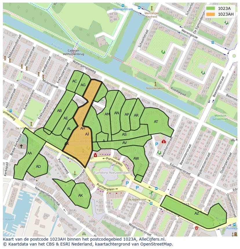 Afbeelding van het postcodegebied 1023 AH op de kaart.