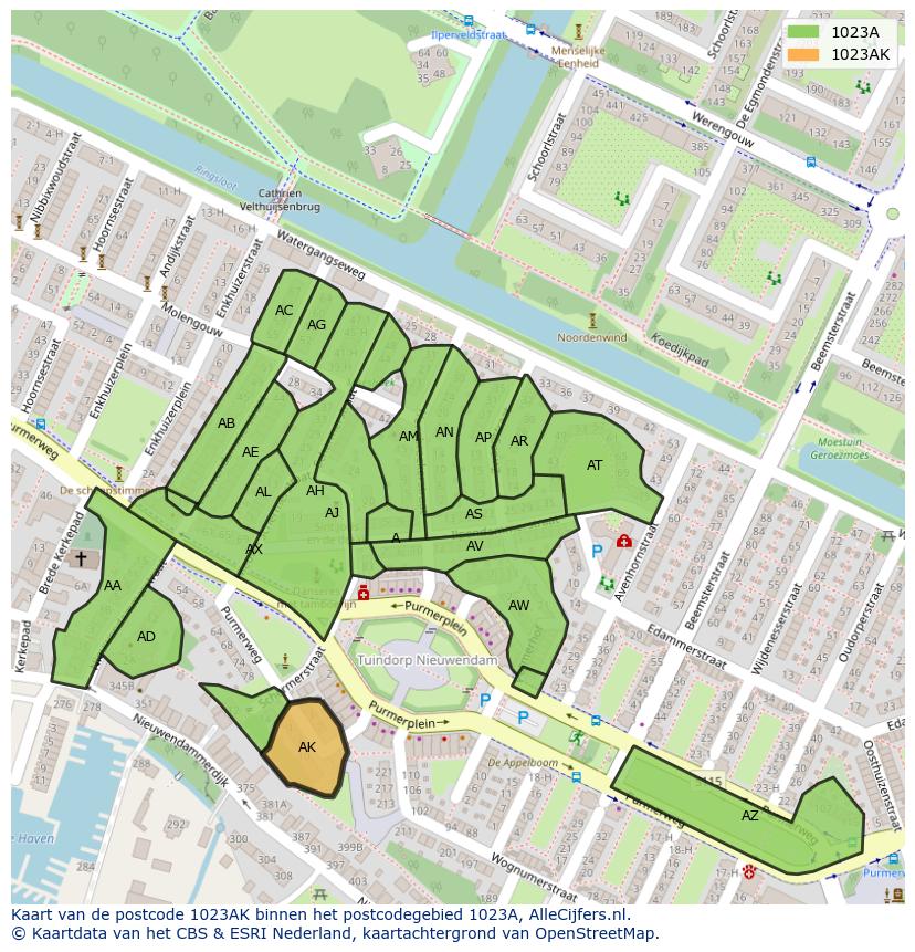 Afbeelding van het postcodegebied 1023 AK op de kaart.