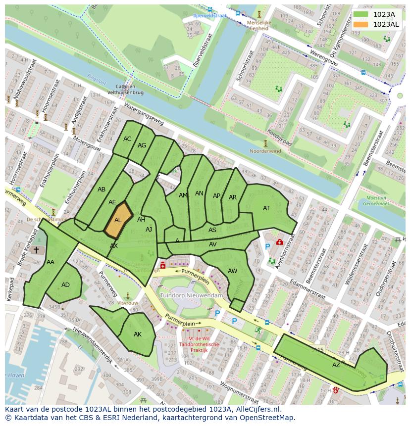 Afbeelding van het postcodegebied 1023 AL op de kaart.