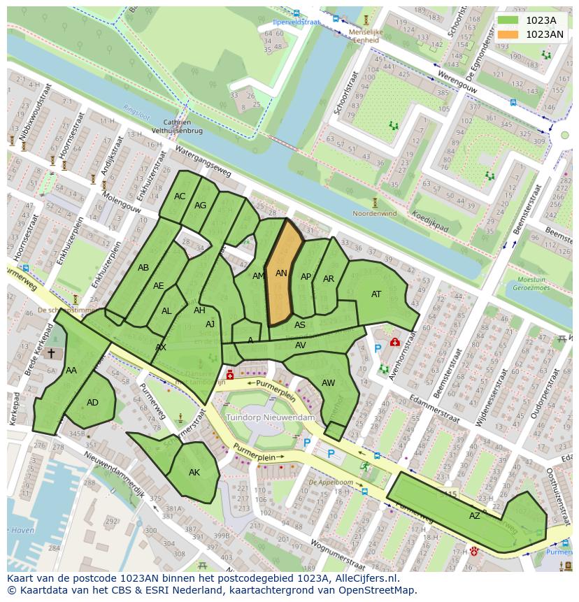 Afbeelding van het postcodegebied 1023 AN op de kaart.