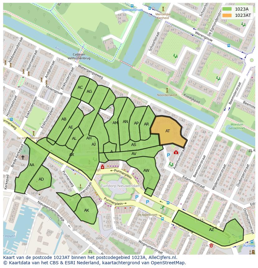 Afbeelding van het postcodegebied 1023 AT op de kaart.