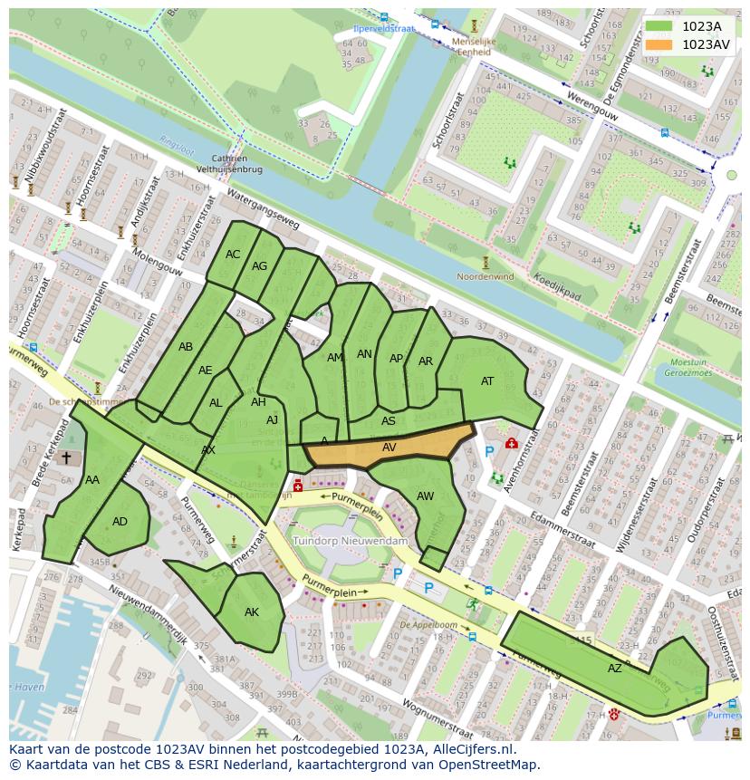 Afbeelding van het postcodegebied 1023 AV op de kaart.