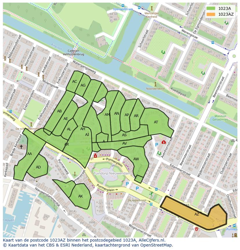 Afbeelding van het postcodegebied 1023 AZ op de kaart.