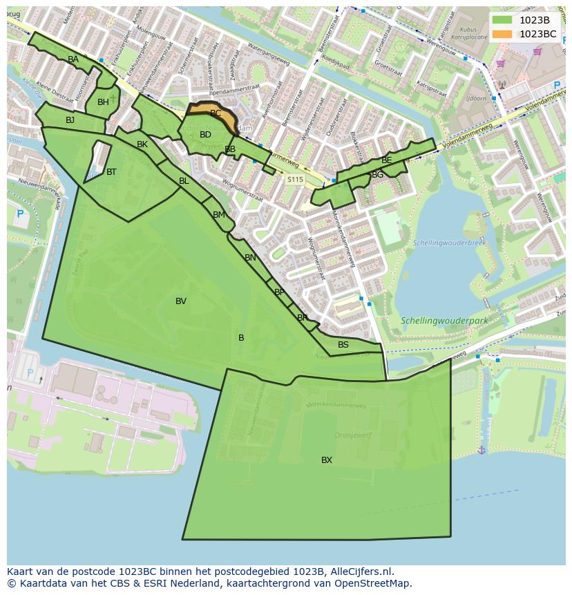 Afbeelding van het postcodegebied 1023 BC op de kaart.