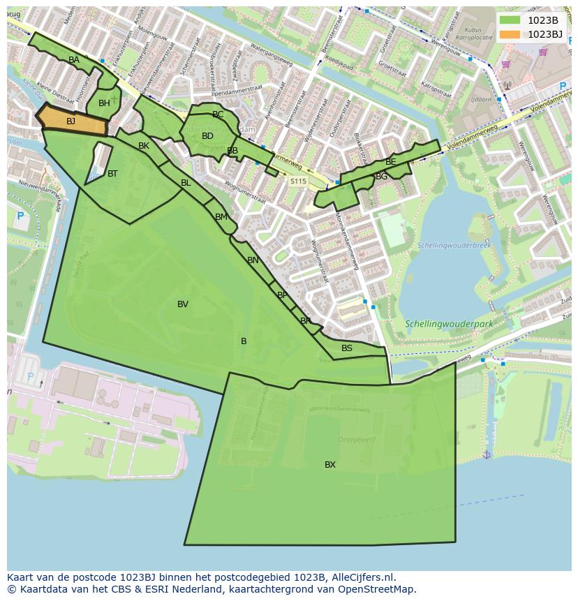 Afbeelding van het postcodegebied 1023 BJ op de kaart.