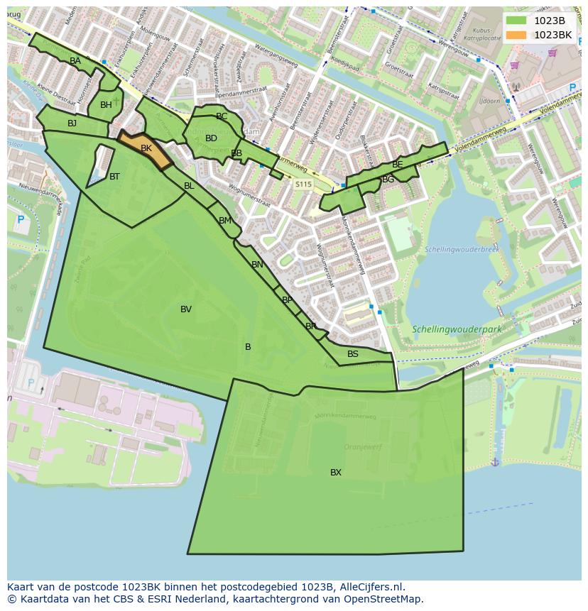 Afbeelding van het postcodegebied 1023 BK op de kaart.