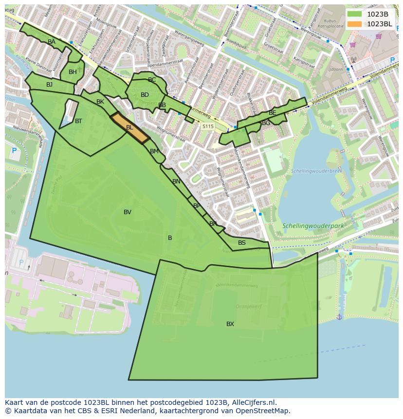 Afbeelding van het postcodegebied 1023 BL op de kaart.