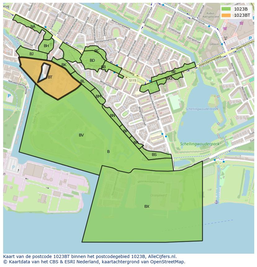 Afbeelding van het postcodegebied 1023 BT op de kaart.
