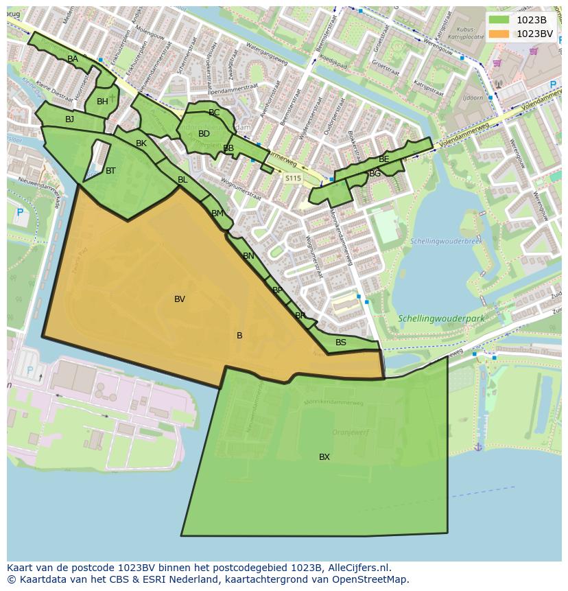 Afbeelding van het postcodegebied 1023 BV op de kaart.