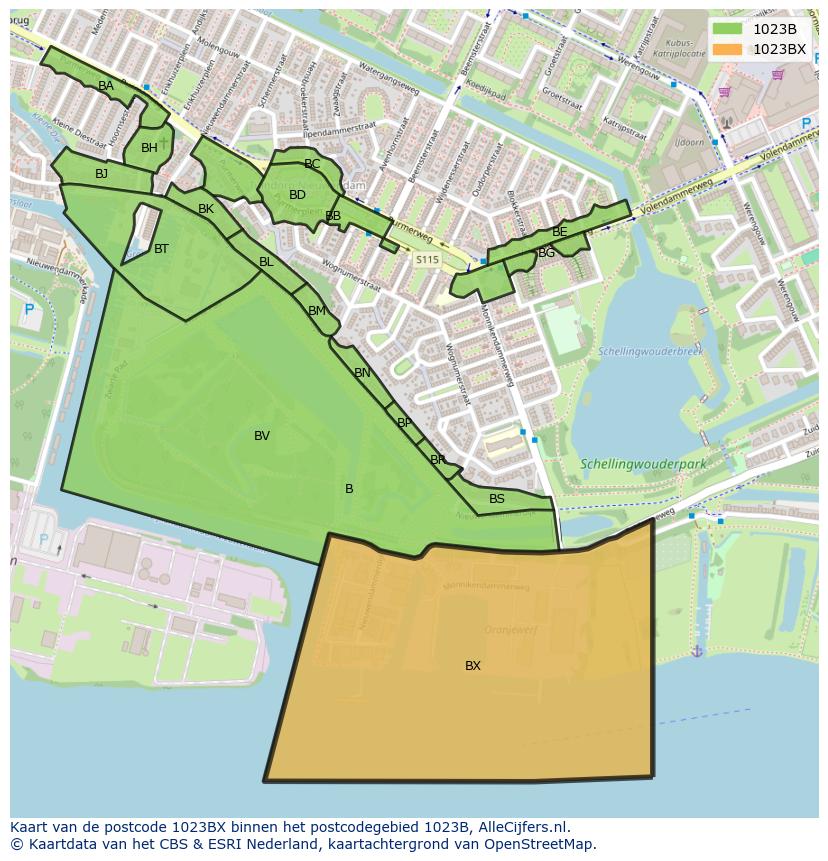 Afbeelding van het postcodegebied 1023 BX op de kaart.