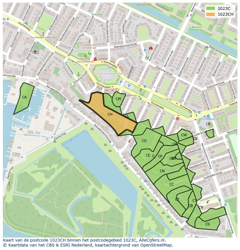 Afbeelding van het postcodegebied 1023 CH op de kaart.