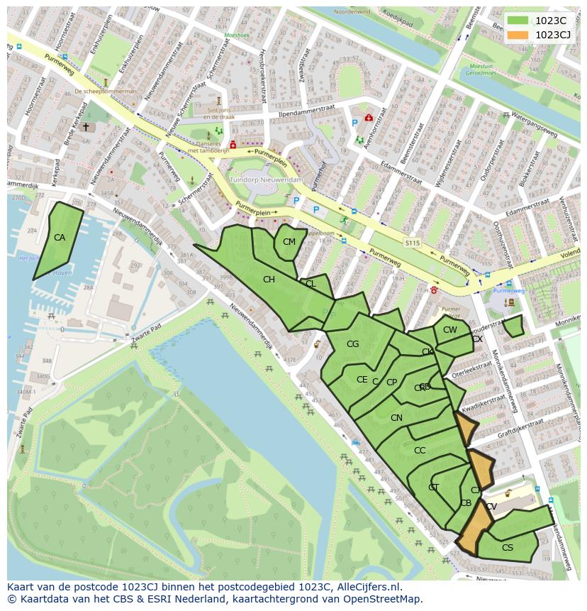 Afbeelding van het postcodegebied 1023 CJ op de kaart.