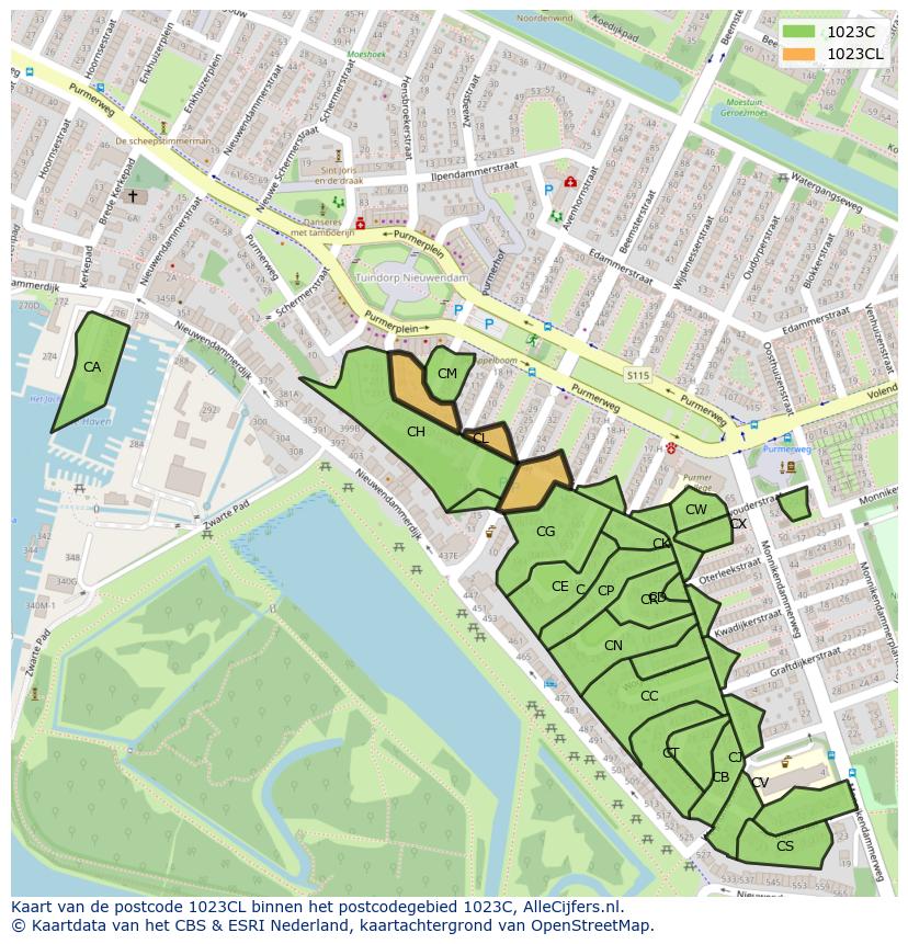 Afbeelding van het postcodegebied 1023 CL op de kaart.