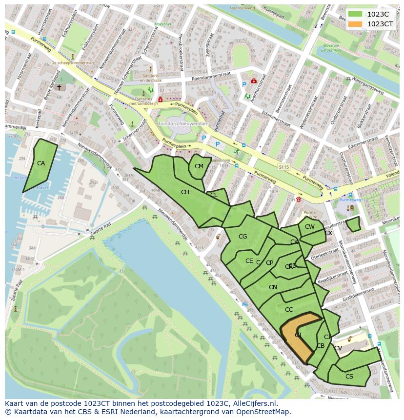 Afbeelding van het postcodegebied 1023 CT op de kaart.