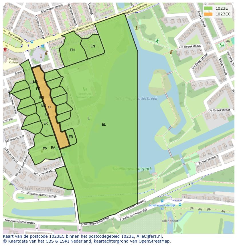 Afbeelding van het postcodegebied 1023 EC op de kaart.