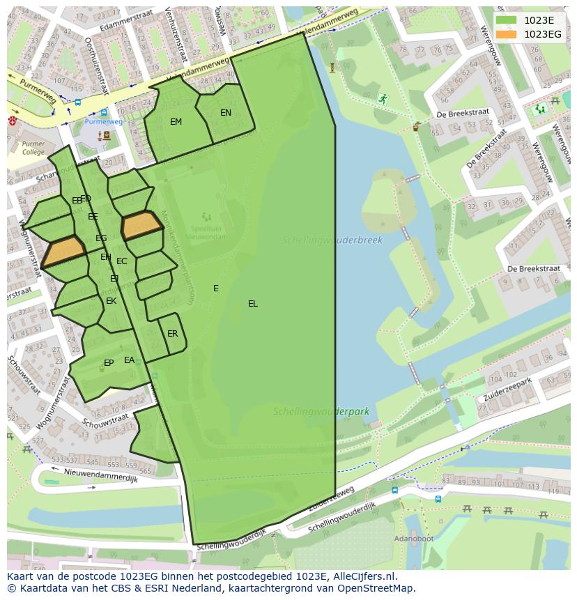Afbeelding van het postcodegebied 1023 EG op de kaart.
