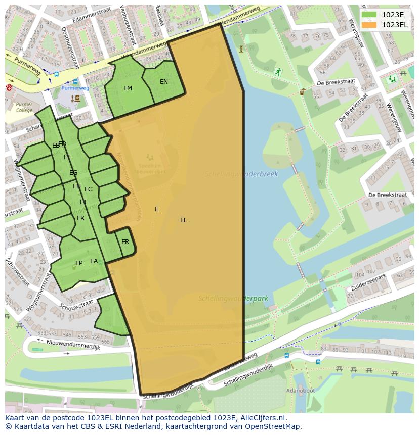 Afbeelding van het postcodegebied 1023 EL op de kaart.