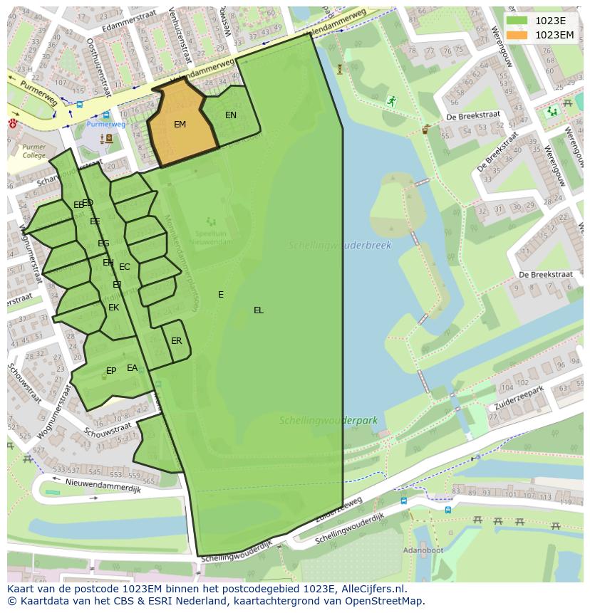 Afbeelding van het postcodegebied 1023 EM op de kaart.