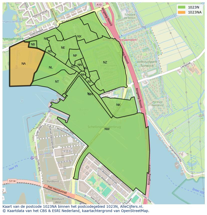 Afbeelding van het postcodegebied 1023 NA op de kaart.