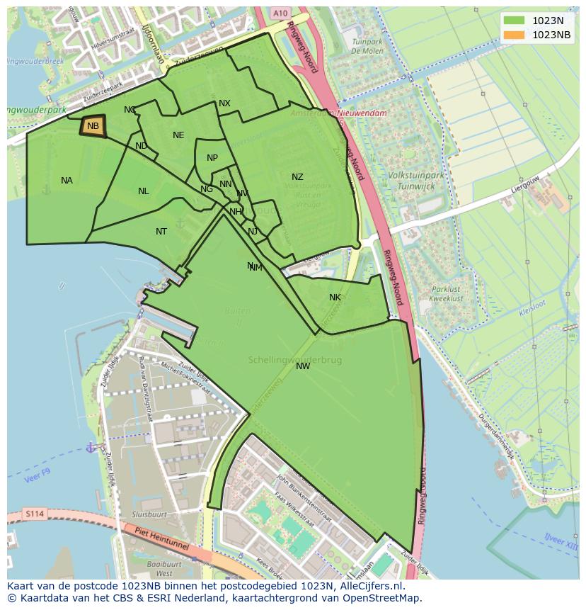 Afbeelding van het postcodegebied 1023 NB op de kaart.