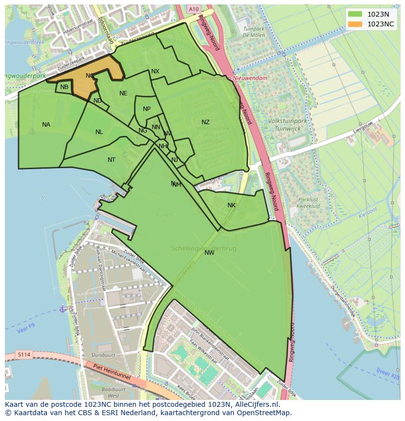 Afbeelding van het postcodegebied 1023 NC op de kaart.