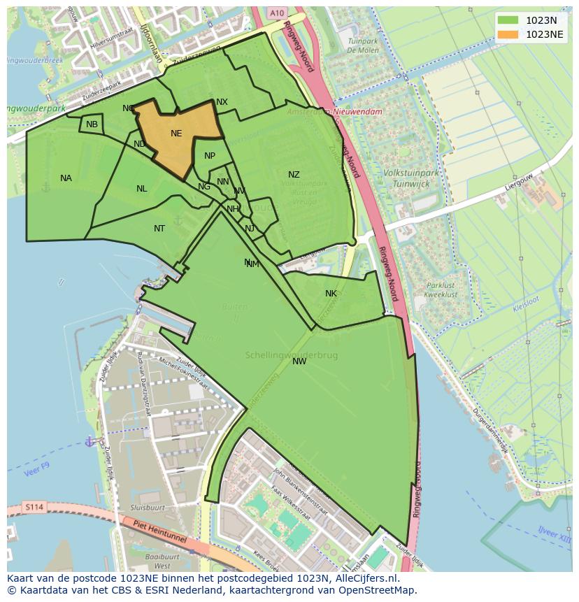 Afbeelding van het postcodegebied 1023 NE op de kaart.