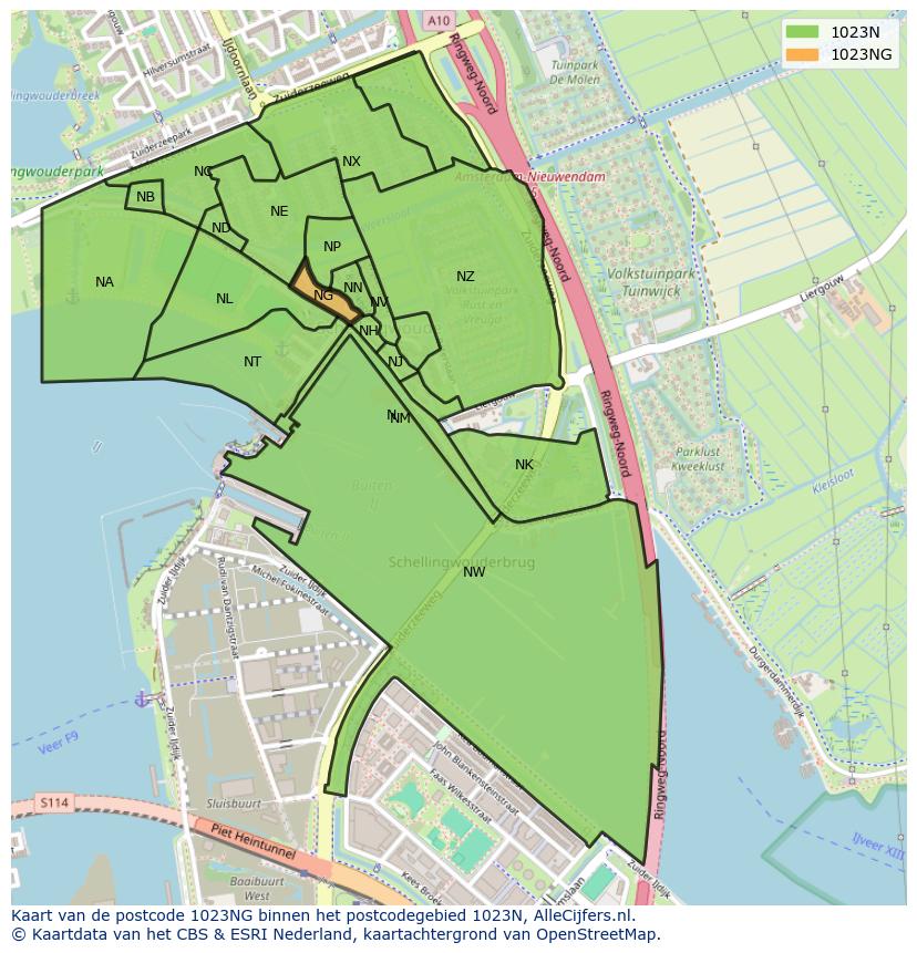 Afbeelding van het postcodegebied 1023 NG op de kaart.