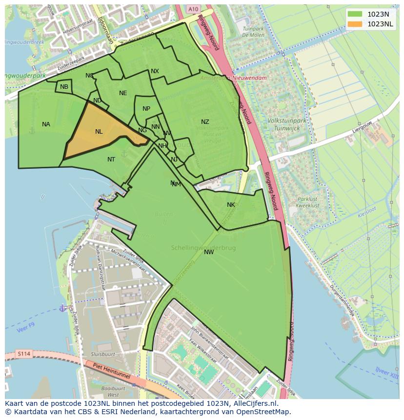 Afbeelding van het postcodegebied 1023 NL op de kaart.