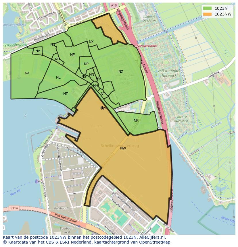 Afbeelding van het postcodegebied 1023 NW op de kaart.