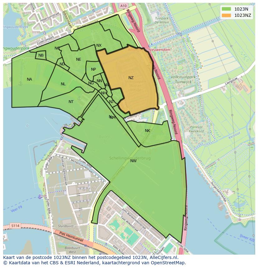 Afbeelding van het postcodegebied 1023 NZ op de kaart.