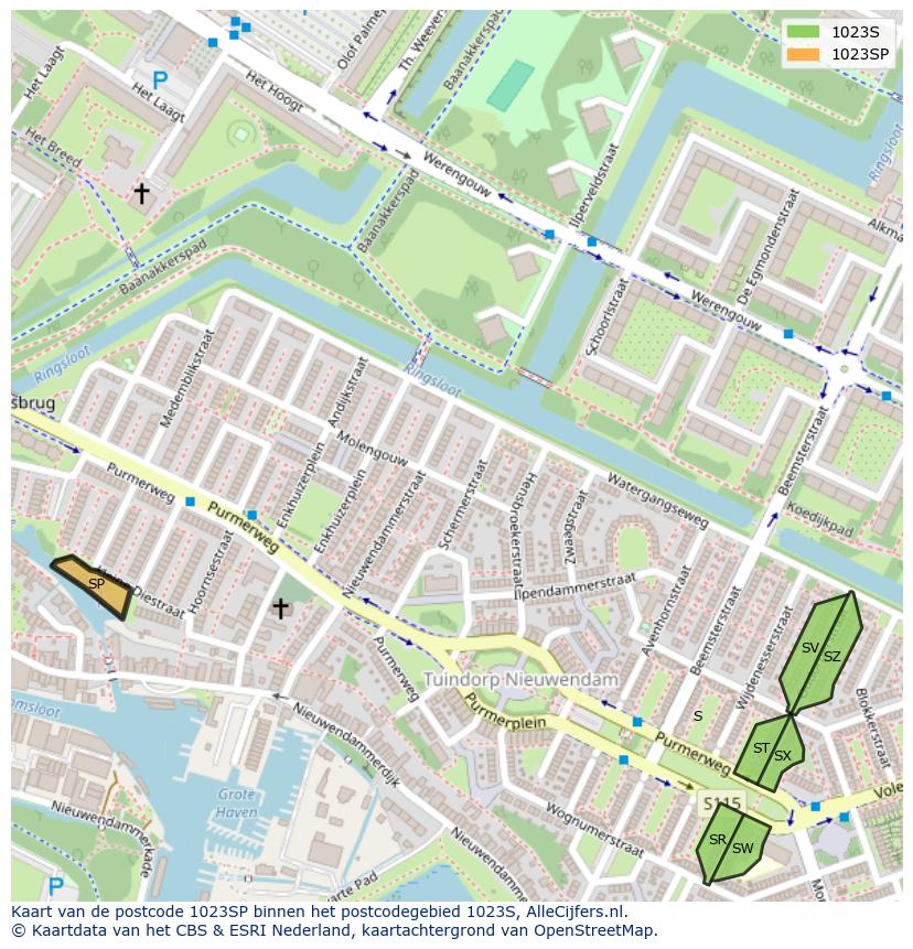 Afbeelding van het postcodegebied 1023 SP op de kaart.