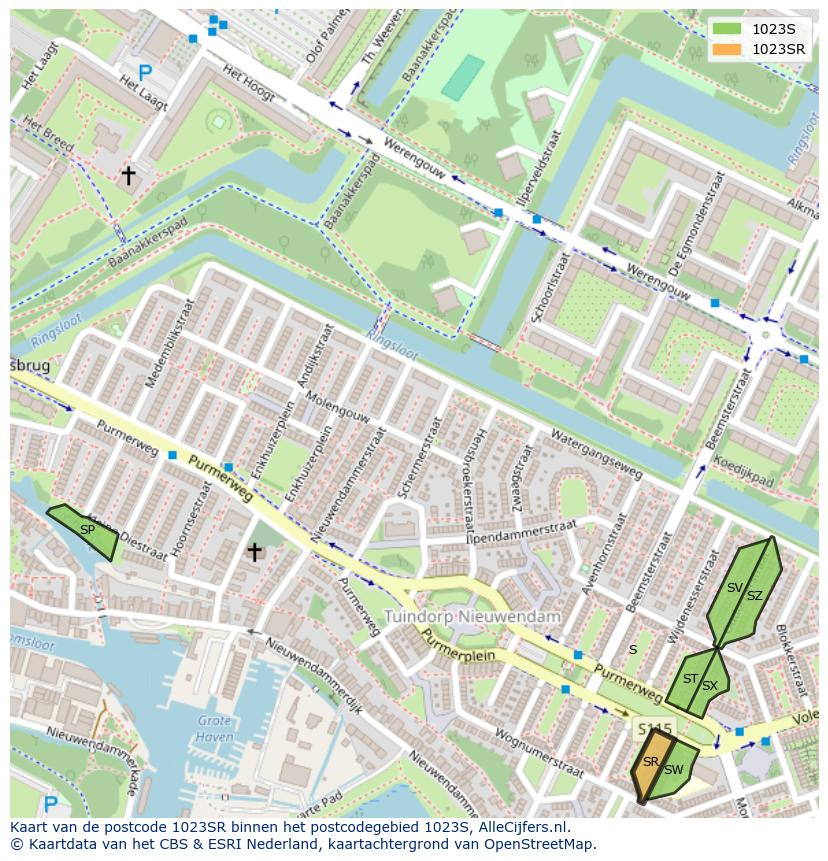 Afbeelding van het postcodegebied 1023 SR op de kaart.