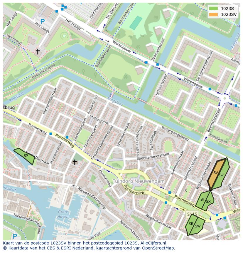 Afbeelding van het postcodegebied 1023 SV op de kaart.
