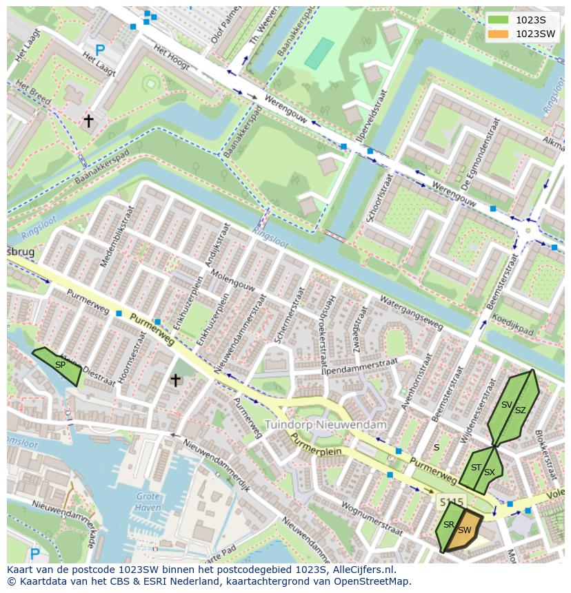 Afbeelding van het postcodegebied 1023 SW op de kaart.