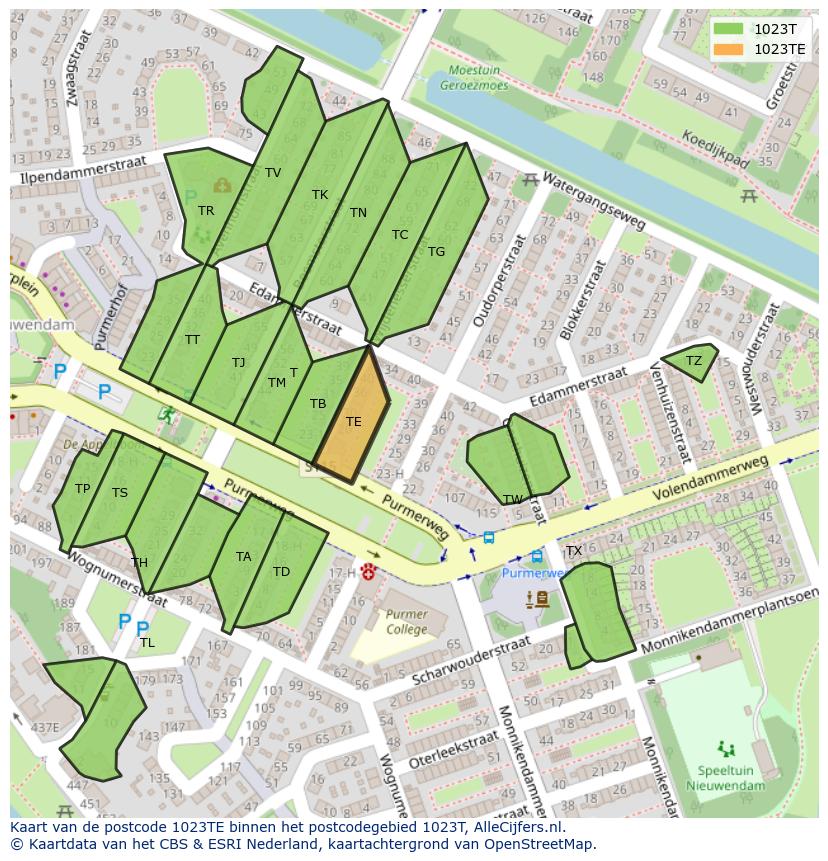 Afbeelding van het postcodegebied 1023 TE op de kaart.