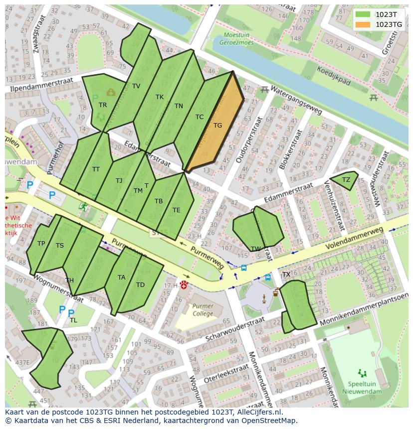 Afbeelding van het postcodegebied 1023 TG op de kaart.