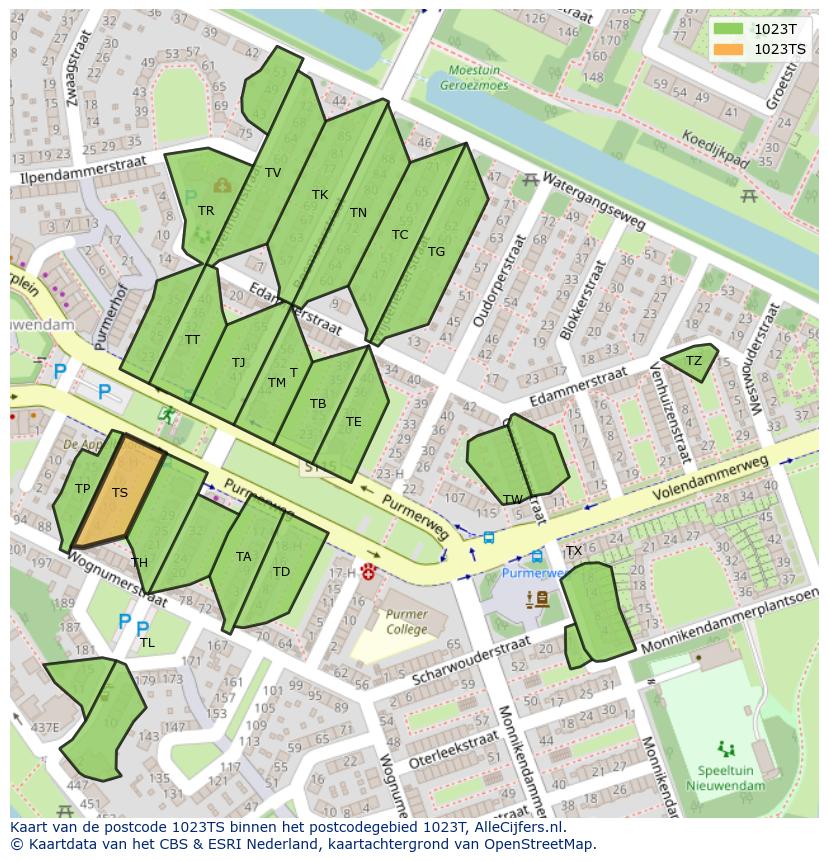 Afbeelding van het postcodegebied 1023 TS op de kaart.