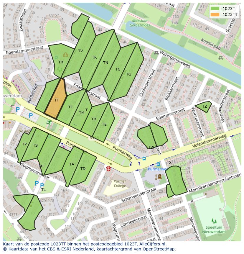 Afbeelding van het postcodegebied 1023 TT op de kaart.