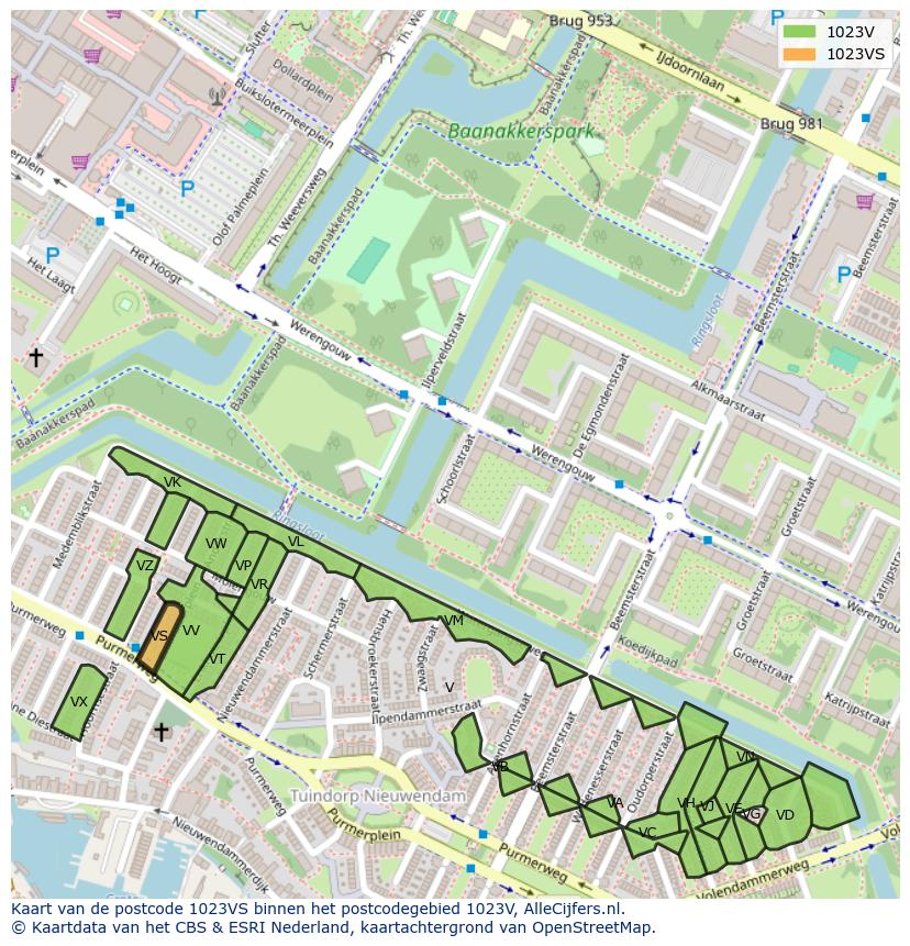 Afbeelding van het postcodegebied 1023 VS op de kaart.
