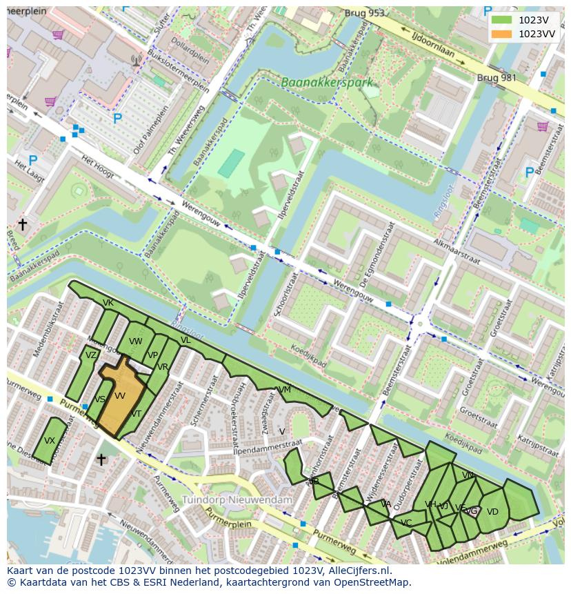 Afbeelding van het postcodegebied 1023 VV op de kaart.