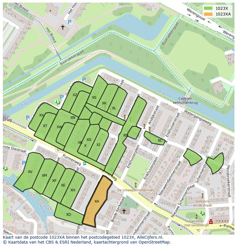 Afbeelding van het postcodegebied 1023 XA op de kaart.